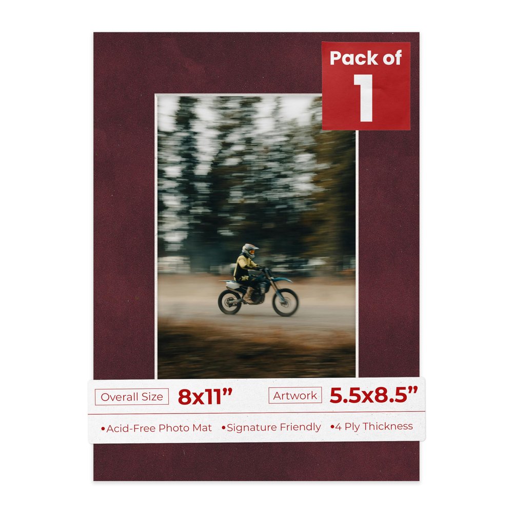 8x11 Mat Bevel Cut for 5.5x8.5 Photos - Acid Free Dark Red Suede Precut Matboard With Backing Board and Crystal Clear, Self Seal Photo Mat Bag - For Pictures, Photos, Framing - 4-ply Thickness