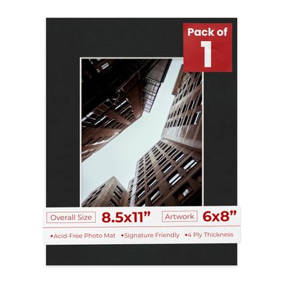 8.5x11 Mat Bevel Cut for 6x8 Photos - Acid Free Black Suede Precut Matboard With Backing Board and Crystal Clear, Self Seal Photo Mat Bag - For Pictures, Photos, Framing - 4-ply Thickness