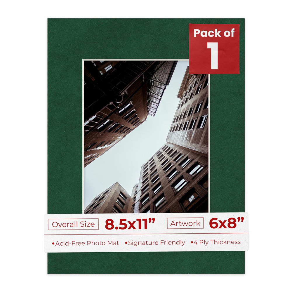 Poster Palooza 8.5x11 Mat Bevel Cut for 6x8 Photos - Acid Free Green Suede Precut Matboard - For Pictures, Photos, Framing - 4-ply Thickness