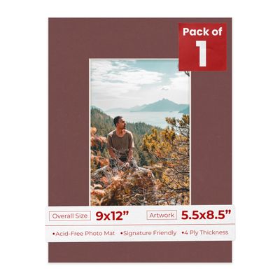 9x12 Mat Bevel Cut for 5.5x8.5 Photos - Acid Free Maroon Red Precut Matboard With Backing Board and Crystal Clear, Self Seal Photo Mat Bag - For Pictures, Photos, Framing - 4-ply Thickness