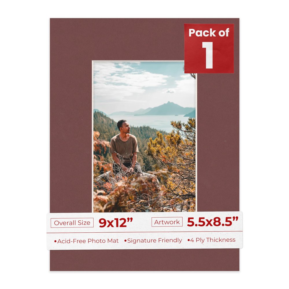 9x12 Mat Bevel Cut for 5.5x8.5 Photos - Acid Free Maroon Red Precut Matboard With Backing Board and Crystal Clear, Self Seal Photo Mat Bag - For Pictures, Photos, Framing - 4-ply Thickness