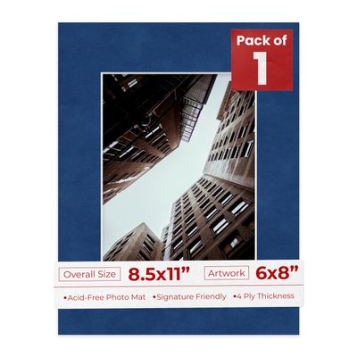 8.5x11 Mat Bevel Cut for 6x8 Photos - Acid Free Brooke Blue Suede Precut Matboard With Backing Board and Crystal Clear, Self Seal Photo Mat Bag - For Pictures, Photos, Framing - 4-ply Thickness
