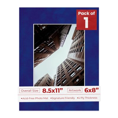 8.5x11 Mat Bevel Cut for 6x8 Photos - Acid Free Royal Blue Suede Precut Matboard With Backing Board and Crystal Clear, Self Seal Photo Mat Bag - For Pictures, Photos, Framing - 4-ply Thickness