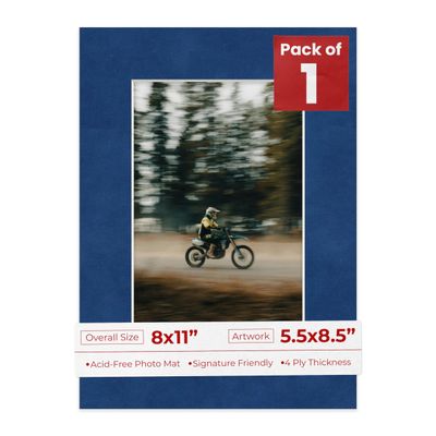 8x11 Mat Bevel Cut for 5.5x8.5 Photos - Acid Free Brooke Blue Suede Precut Matboard With Backing Board and Crystal Clear, Self Seal Photo Mat Bag - For Pictures, Photos, Framing - 4-ply Thickness