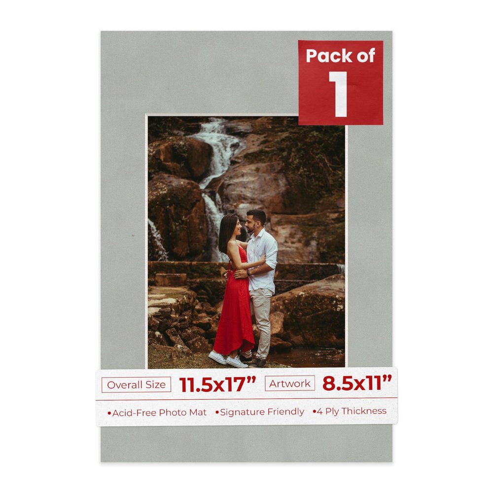 Poster Palooza 11.5x17 Mat Bevel Cut for 8.5x11 Photos - Acid Free Light Grey Suede Precut Matboard - For Pictures, Photos, Framing - 4-ply Thickness