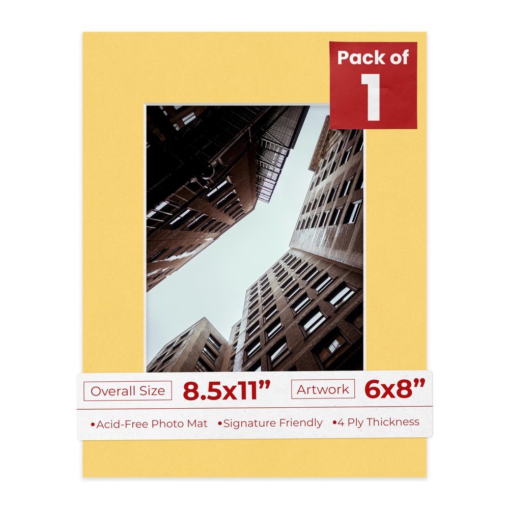 Poster Palooza 8.5x11 Mat Bevel Cut for 6x8 Photos - Acid Free Chamois Yellow Precut Matboard - For Pictures, Photos, Framing - 4-ply Thickness