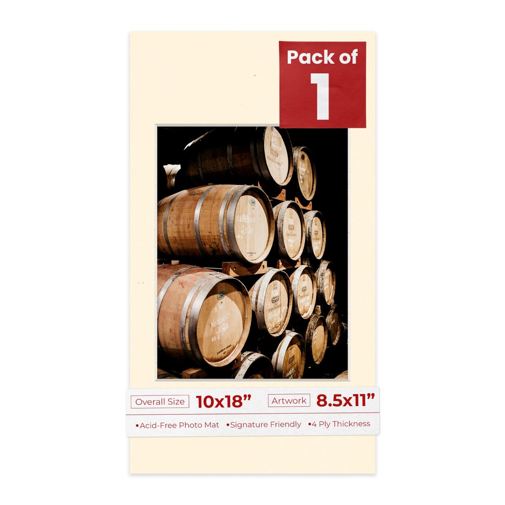 Poster Palooza 10x18 Mat Bevel Cut for 8.5x11 Photos - Acid Free Cream Precut Matboard With Backing Board and Crystal Clear, Self Seal Photo Mat Bag - For Pictures, Photos, Framing - 4-ply Thickness