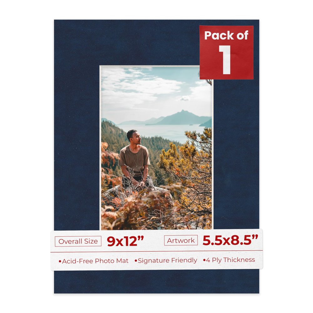 9x12 Mat Bevel Cut for 5.5x8.5 Photos - Acid Free Navy Suede Precut Matboard With Backing Board and Crystal Clear, Self Seal Photo Mat Bag - For Pictures, Photos, Framing - 4-ply Thickness