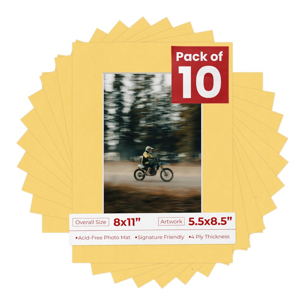 Pack of Ten Acid Free 8x11 Mats Bevel Cut for 5.5x8.5 Photos - Chamois Yellow Precut Matboards With Backing Boards and Self Seal Photo Mat Bags For Pictures, Photos, Framing - 4-ply Thickness
