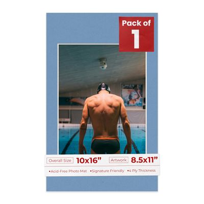10x16 Mat Bevel Cut for 8.5x11 Photos - Acid Free Brittany Blue Precut Matboard With Backing Board and Crystal Clear, Self Seal Photo Mat Bag - For Pictures, Photos, Framing - 4-ply Thickness