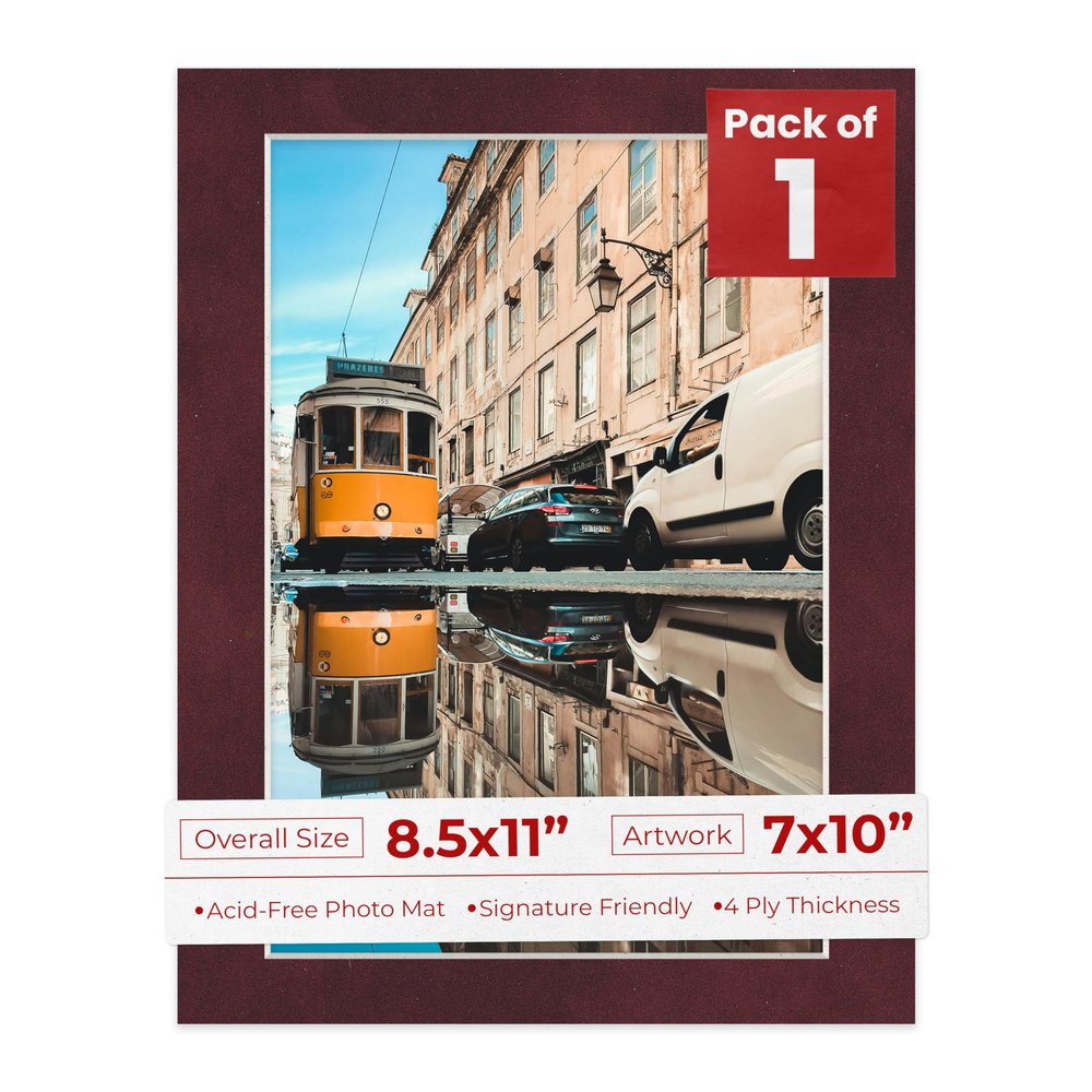 Poster Palooza 8.5x11 Mat Bevel Cut for 7x10 Photos - Acid Free Dark Red Suede Precut Matboard - For Pictures, Photos, Framing - 4-ply Thickness