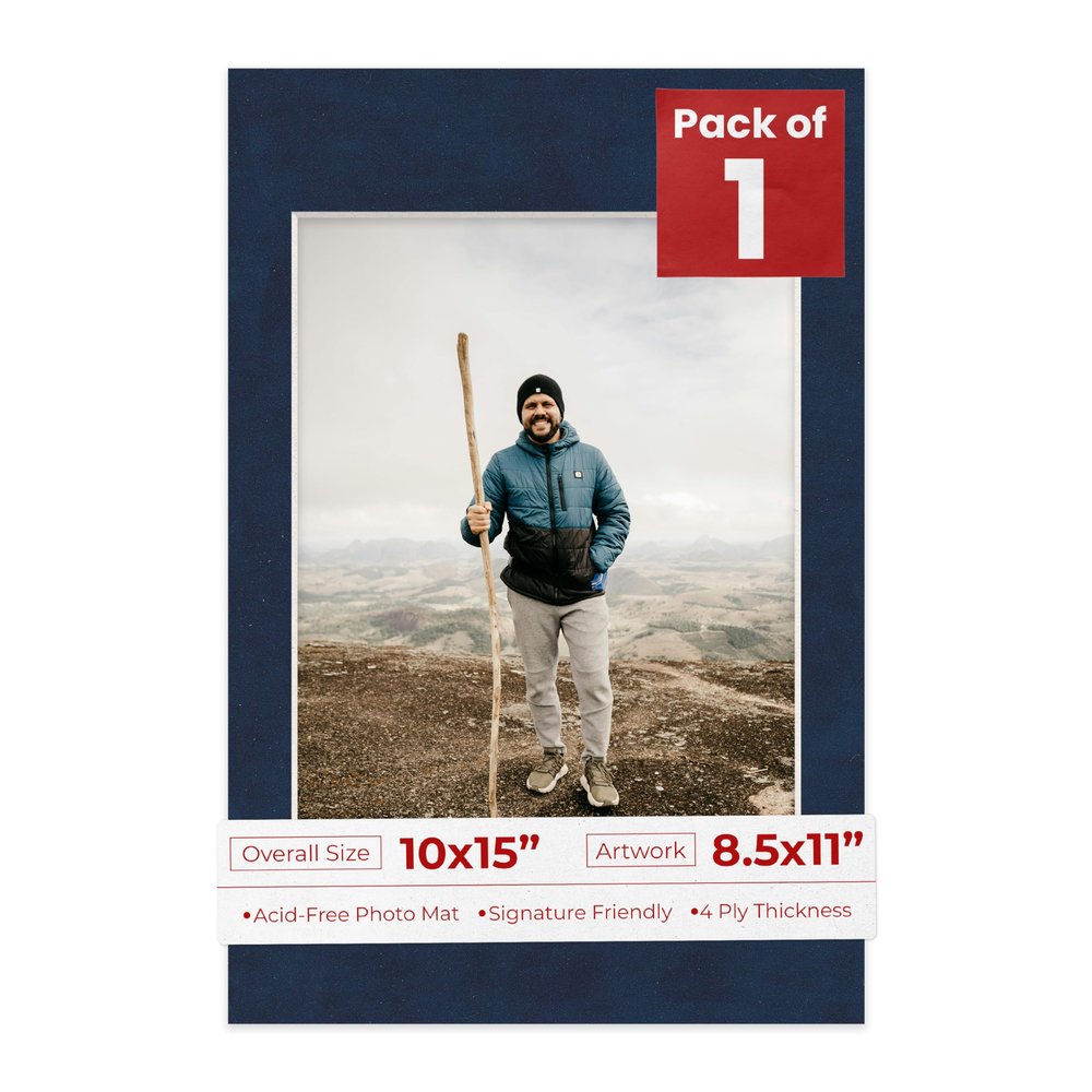 10x15 Mat Bevel Cut for 8.5x11 Photos - Acid Free Navy Suede Precut Matboard With Backing Board and Crystal Clear, Self Seal Photo Mat Bag - For Pictures, Photos, Framing - 4-ply Thickness
