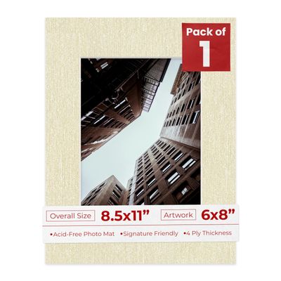 8.5x11 Mat Bevel Cut for 6x8 Photos - Acid Free Fresh Linen Canvas Precut Matboard With Backing Board and Crystal Clear, Self Seal Photo Mat Bag - For Pictures, Photos, Framing - 4-ply Thickness