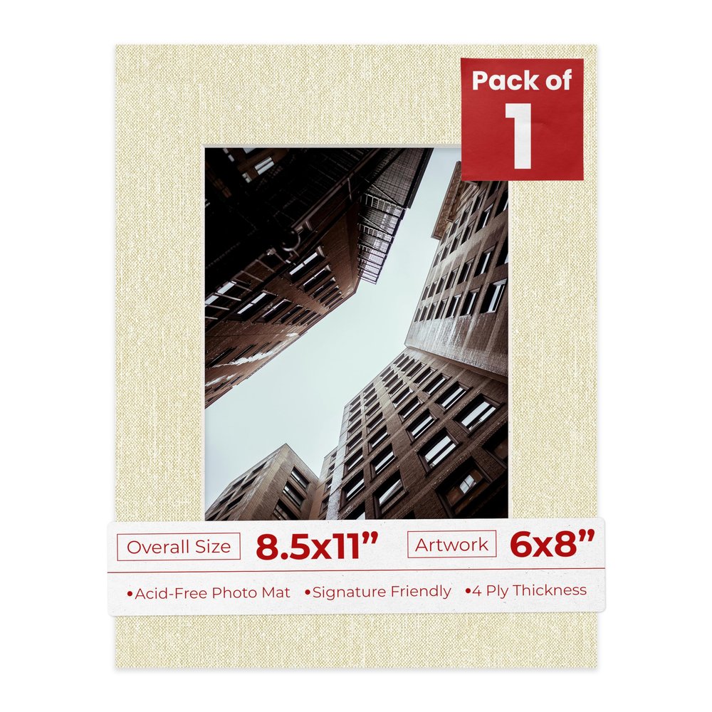 8.5x11 Mat Bevel Cut for 6x8 Photos - Acid Free Fresh Linen Canvas Precut Matboard With Backing Board and Crystal Clear, Self Seal Photo Mat Bag - For Pictures, Photos, Framing - 4-ply Thickness