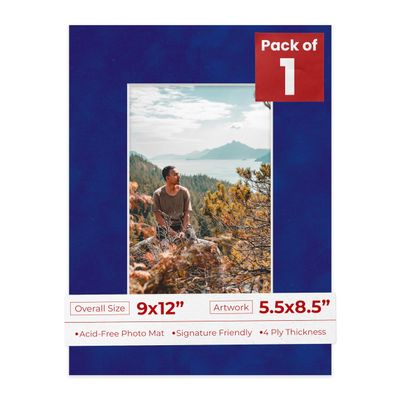 9x12 Mat Bevel Cut for 5.5x8.5 Photos - Acid Free Royal Blue Suede Precut Matboard With Backing Board and Crystal Clear, Self Seal Photo Mat Bag - For Pictures, Photos, Framing - 4-ply Thickness