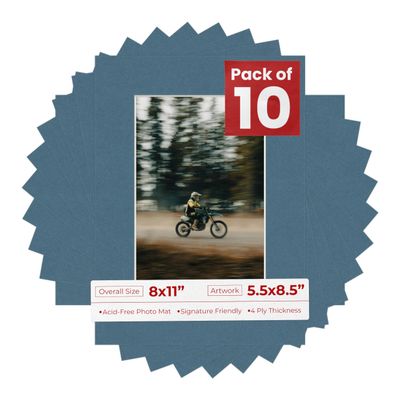 Pack of Ten Acid Free 8x11 Mats Bevel Cut for 5.5x8.5 Photos - Steel Blue Precut Matboards With Backing Boards and Self Seal Photo Mat Bags For Pictures, Photos, Framing - 4-ply Thickness