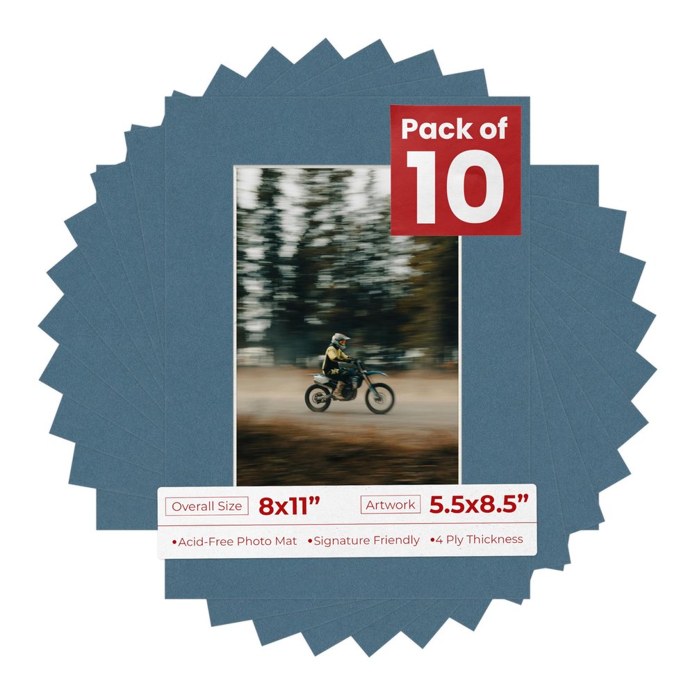 Pack of Ten Acid Free 8x11 Mats Bevel Cut for 5.5x8.5 Photos - Steel Blue Precut Matboards With Backing Boards and Self Seal Photo Mat Bags For Pictures, Photos, Framing - 4-ply Thickness