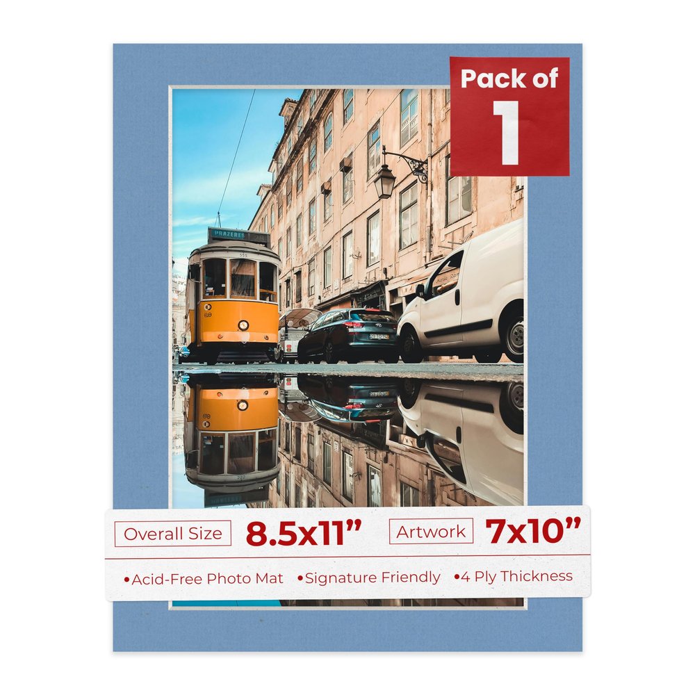 8.5x11 Mat Bevel Cut for 7x10 Photos - Acid Free Brittany Blue Precut Matboard With Backing Board and Crystal Clear, Self Seal Photo Mat Bag - For Pictures, Photos, Framing - 4-ply Thickness