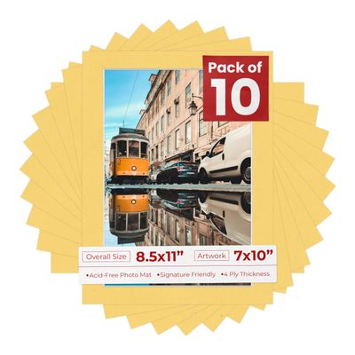Pack of Ten Acid Free 8.5x11 Mats Bevel Cut for 7x10 Photos - Chamois Yellow Precut Matboards With Backing Boards and Self Seal Photo Mat Bags For Pictures, Photos, Framing - 4-ply Thickness