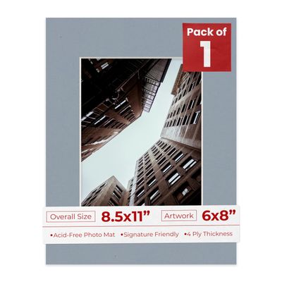 Poster Palooza 8.5x11 Mat Bevel Cut for 6x8 Photos - Acid Free Mid Grey Precut Matboard - For Pictures, Photos, Framing - 4-ply Thickness