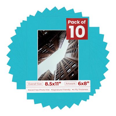 Pack of Ten Acid Free 8.5x11 Mats Bevel Cut for 6x8 Photos - Aquamarine Blue Precut Matboards With Backing Boards and Self Seal Photo Mat Bags For Pictures, Photos, Framing - 4-ply Thickness