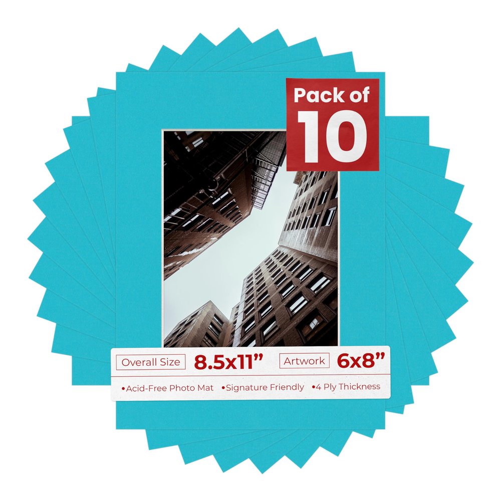 Pack of Ten Acid Free 8.5x11 Mats Bevel Cut for 6x8 Photos - Aquamarine Blue Precut Matboards With Backing Boards and Self Seal Photo Mat Bags For Pictures, Photos, Framing - 4-ply Thickness