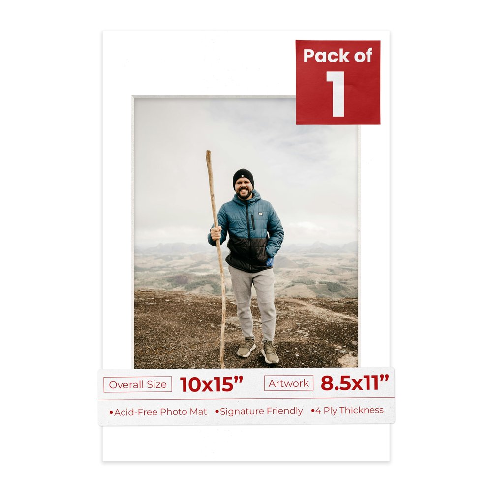 10x15 Mat Bevel Cut for 8.5x11 Photos - Acid Free Golf Ball Texture Precut Matboard With Backing Board and Crystal Clear, Self Seal Photo Mat Bag - For Pictures, Photos, Framing - 4-ply Thickness