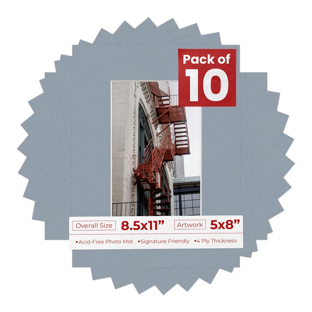 Poster Palooza Pack of Ten Acid Free 8.5x11 Mats Bevel Cut for 5x8 Photos - Mid Grey Precut Matboards With Backing Boards and Self Seal Photo Mat Bags For Pictures, Photos, Framing - 4-ply Thickness