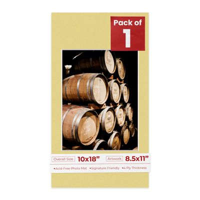 10x18 Mat Bevel Cut for 8.5x11 Photos - Acid Free Soft Yellow Precut Matboard With Backing Board and Crystal Clear, Self Seal Photo Mat Bag - For Pictures, Photos, Framing - 4-ply Thickness