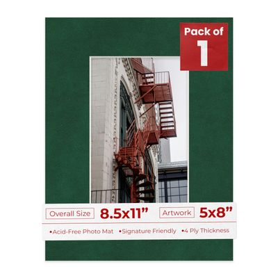 8.5x11 Mat Bevel Cut for 5x8 Photos - Acid Free Green Suede Precut Matboard With Backing Board and Crystal Clear, Self Seal Photo Mat Bag - For Pictures, Photos, Framing - 4-ply Thickness