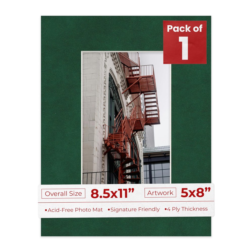 8.5x11 Mat Bevel Cut for 5x8 Photos - Acid Free Green Suede Precut Matboard With Backing Board and Crystal Clear, Self Seal Photo Mat Bag - For Pictures, Photos, Framing - 4-ply Thickness