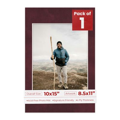 10x15 Mat Bevel Cut for 8.5x11 Photos - Acid Free Dark Red Suede Precut Matboard With Backing Board and Crystal Clear, Self Seal Photo Mat Bag - For Pictures, Photos, Framing - 4-ply Thickness