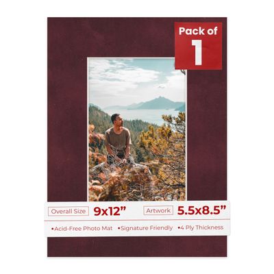 9x12 Mat Bevel Cut for 5.5x8.5 Photos - Acid Free Dark Red Suede Precut Matboard With Backing Board and Crystal Clear, Self Seal Photo Mat Bag - For Pictures, Photos, Framing - 4-ply Thickness