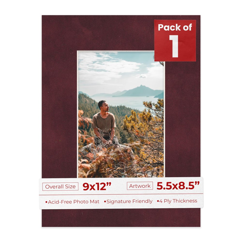 9x12 Mat Bevel Cut for 5.5x8.5 Photos - Acid Free Dark Red Suede Precut Matboard With Backing Board and Crystal Clear, Self Seal Photo Mat Bag - For Pictures, Photos, Framing - 4-ply Thickness