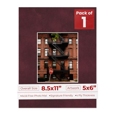 Poster Palooza 8.5x11 Mat Bevel Cut for 5x6 Photos - Acid Free Dark Red Suede Precut Matboard - For Pictures, Photos, Framing - 4-ply Thickness