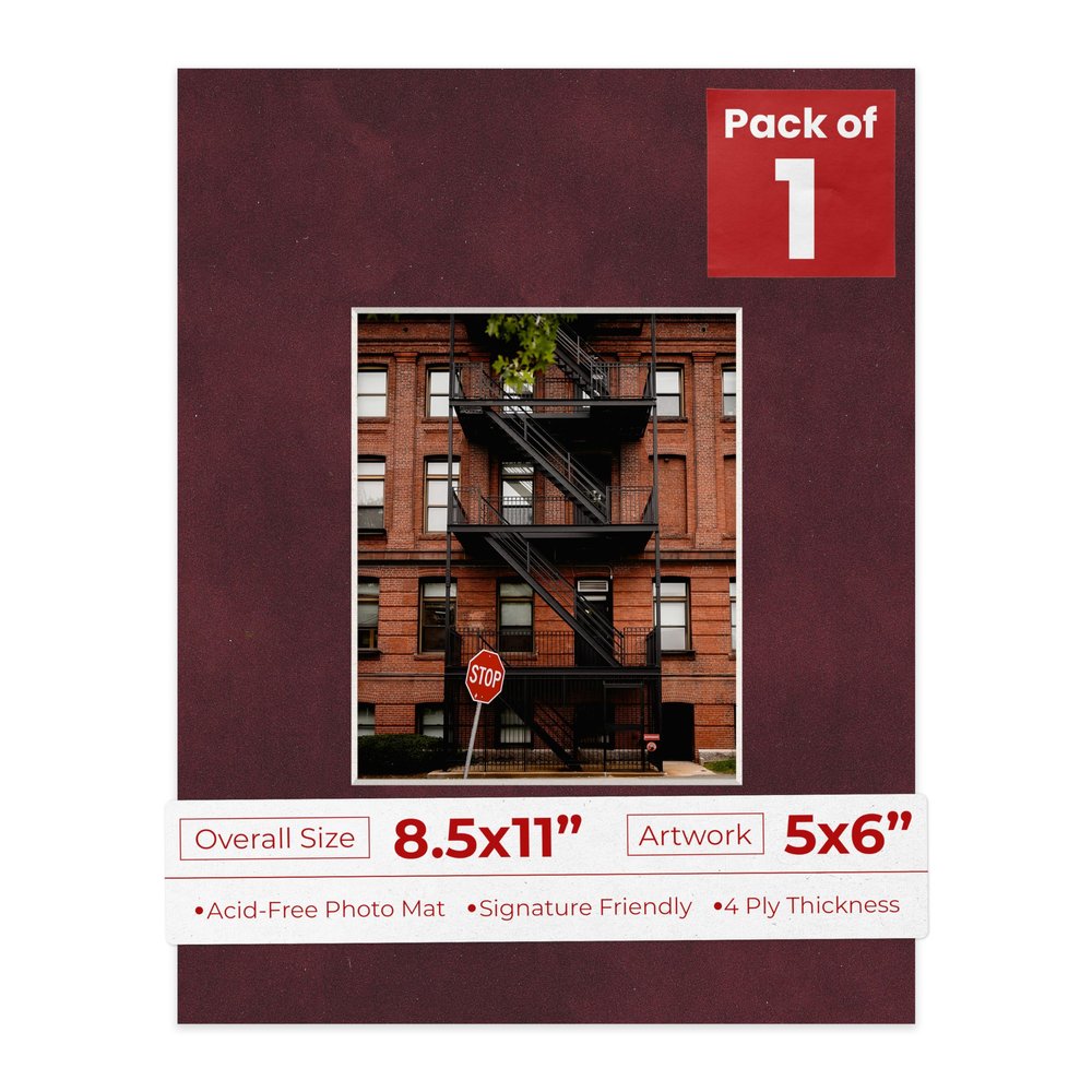 Poster Palooza 8.5x11 Mat Bevel Cut for 5x6 Photos - Acid Free Dark Red Suede Precut Matboard - For Pictures, Photos, Framing - 4-ply Thickness