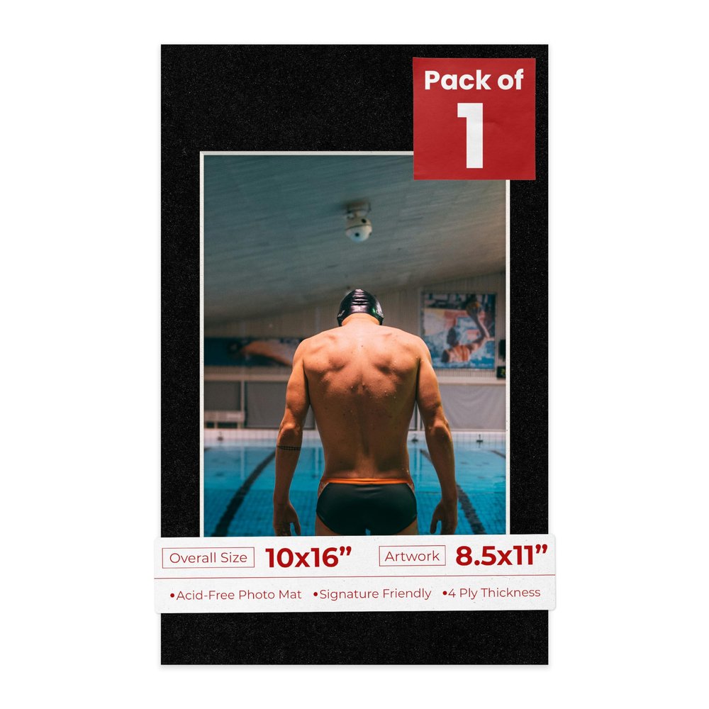 10x16 Mat Bevel Cut for 8.5x11 Photos - Acid Free Black with Black Core Precut Matboard With Backing Board and Crystal Clear, Self Seal Photo Mat Bag - For Pictures, Photos, Framing - 4-ply Thickness