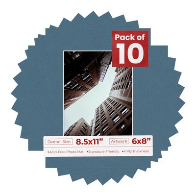 Pack of Ten Acid Free 8.5x11 Mats Bevel Cut for 6x8 Photos - Steel Blue Precut Matboards With Backing Boards and Self Seal Photo Mat Bags For Pictures, Photos, Framing - 4-ply Thickness