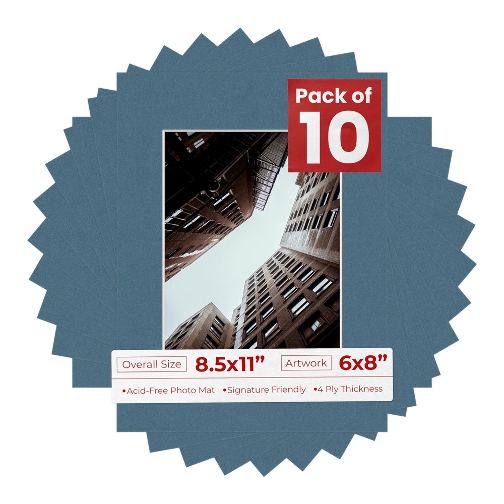 Pack of Ten Acid Free 8.5x11 Mats Bevel Cut for 6x8 Photos - Steel Blue Precut Matboards With Backing Boards and Self Seal Photo Mat Bags For Pictures, Photos, Framing - 4-ply Thickness