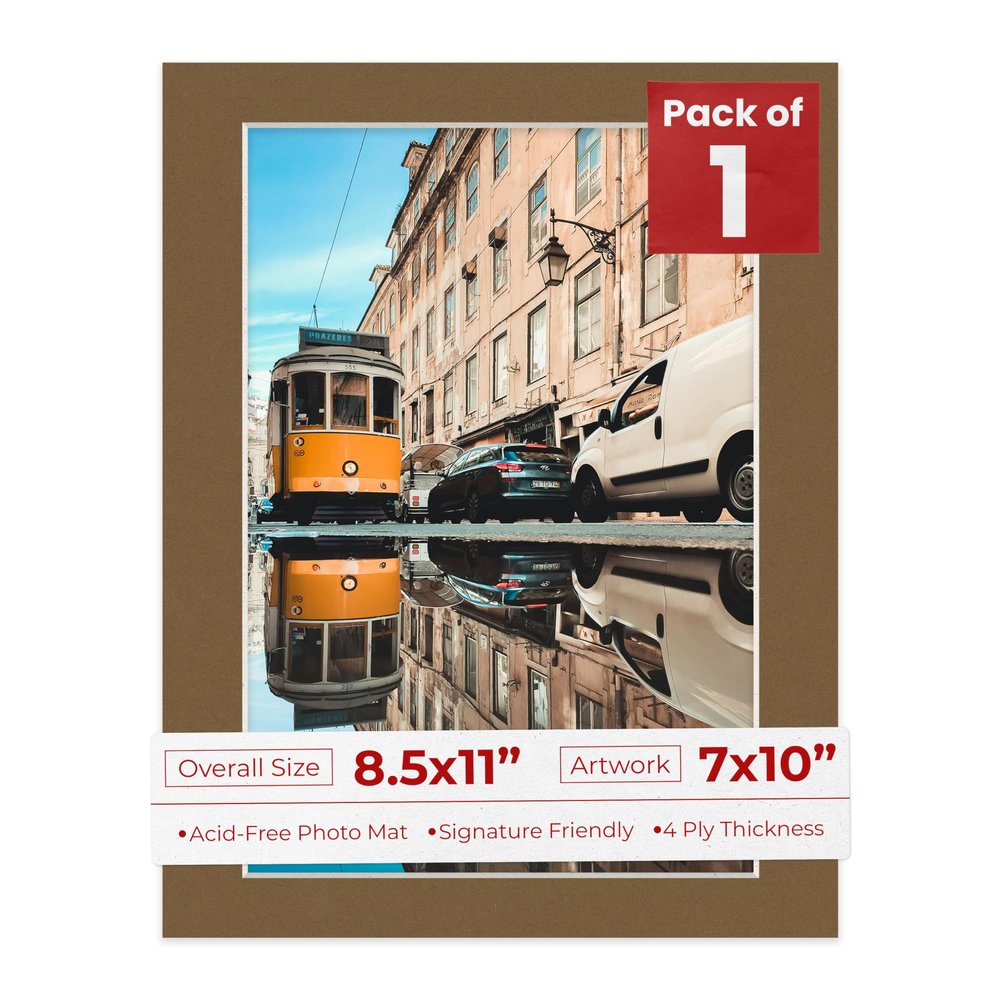 8.5x11 Mat Bevel Cut for 7x10 Photos - Acid Free Aged Oak Brown Precut Matboard With Backing Board and Crystal Clear, Self Seal Photo Mat Bag - For Pictures, Photos, Framing - 4-ply Thickness