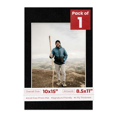 10x15 Mat Bevel Cut for 8.5x11 Photos - Acid Free Black with Black Core Precut Matboard With Backing Board and Crystal Clear, Self Seal Photo Mat Bag - For Pictures, Photos, Framing - 4-ply Thickness
