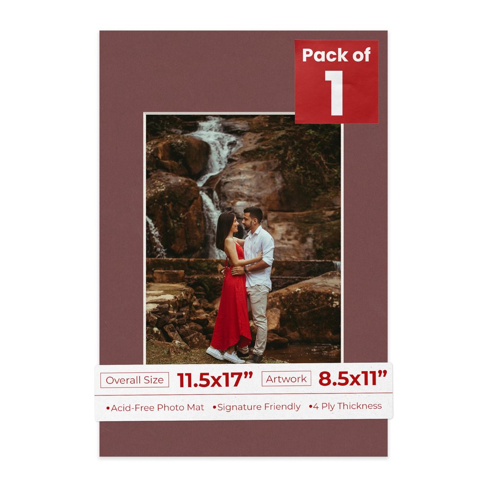 11.5x17 Mat Bevel Cut for 8.5x11 Photos - Acid Free Maroon Red Precut Matboard With Backing Board and Crystal Clear, Self Seal Photo Mat Bag - For Pictures, Photos, Framing - 4-ply Thickness