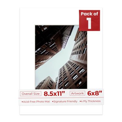 Poster Palooza 8.5x11 Mat Bevel Cut for 6x8 Photos - Acid Free White Precut Matboard With Backing Board and Crystal Clear, Self Seal Photo Mat Bag - For Pictures, Photos, Framing - 4-ply Thickness