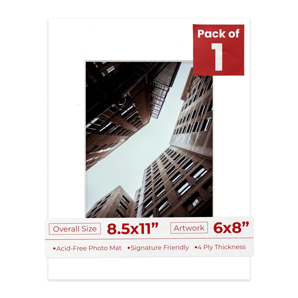 Poster Palooza 8.5x11 Mat Bevel Cut for 6x8 Photos - Acid Free White Precut Matboard With Backing Board and Crystal Clear, Self Seal Photo Mat Bag - For Pictures, Photos, Framing - 4-ply Thickness