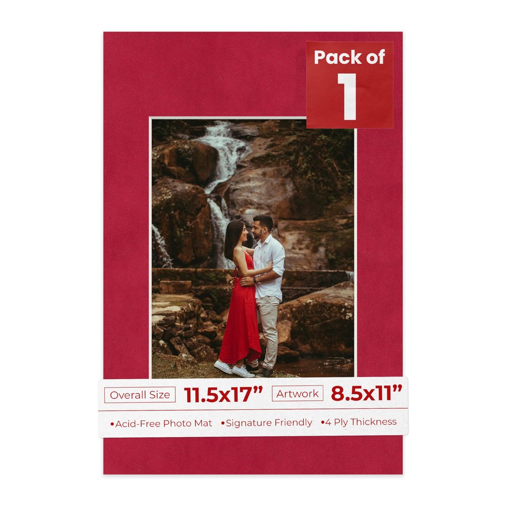 Poster Palooza 11.5x17 Mat Bevel Cut for 8.5x11 Photos - Acid Free Bright Red Suede Precut Matboard - For Pictures, Photos, Framing - 4-ply Thickness