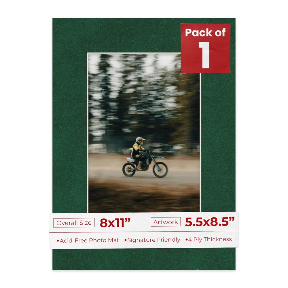 8x11 Mat Bevel Cut for 5.5x8.5 Photos - Acid Free Green Suede Precut Matboard With Backing Board and Crystal Clear, Self Seal Photo Mat Bag - For Pictures, Photos, Framing - 4-ply Thickness