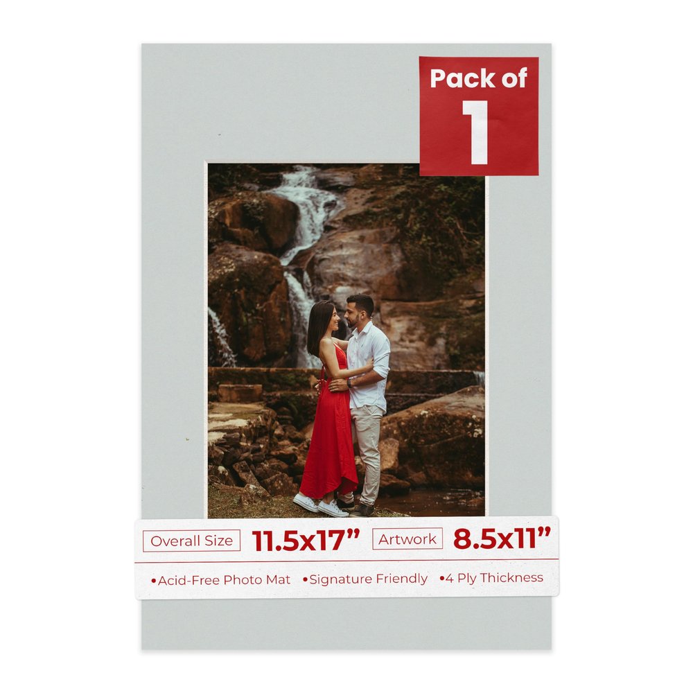 Poster Palooza 11.5x17 Mat Bevel Cut for 8.5x11 Photos - Acid Free Grey Precut Matboard With Backing Board and Crystal Clear, Self Seal Photo Mat Bag - For Pictures, Photos, Framing - 4-ply Thickness