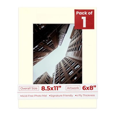 8.5x11 Mat Bevel Cut for 6x8 Photos - Acid Free Textured Cream Precut Matboard With Backing Board and Crystal Clear, Self Seal Photo Mat Bag - For Pictures, Photos, Framing - 4-ply Thickness
