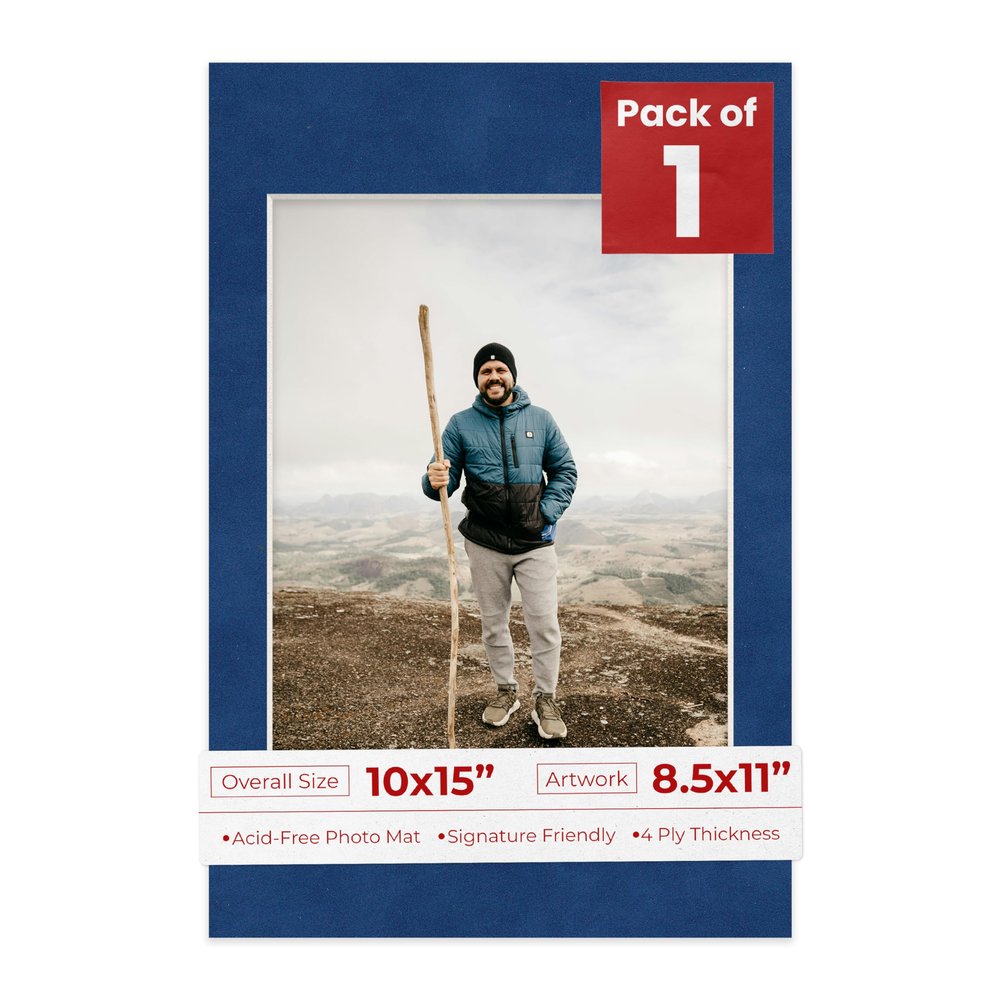 10x15 Mat Bevel Cut for 8.5x11 Photos - Acid Free Brooke Blue Suede Precut Matboard With Backing Board and Crystal Clear, Self Seal Photo Mat Bag - For Pictures, Photos, Framing - 4-ply Thickness