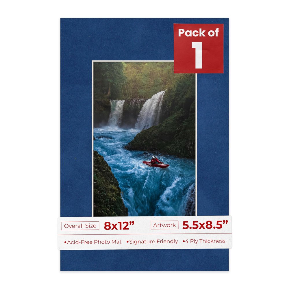 8x12 Mat Bevel Cut for 5.5x8.5 Photos - Acid Free Brooke Blue Suede Precut Matboard With Backing Board and Crystal Clear, Self Seal Photo Mat Bag - For Pictures, Photos, Framing - 4-ply Thickness